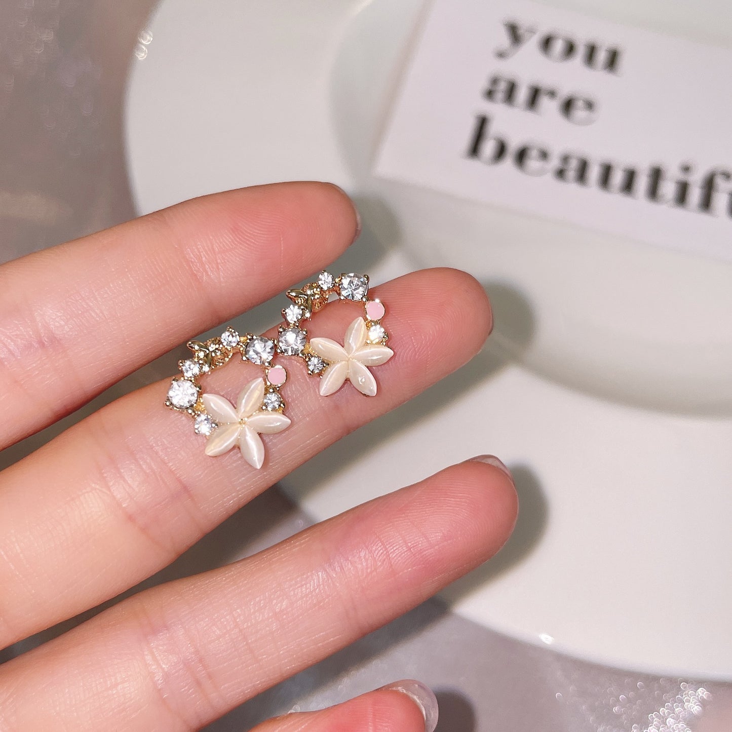 Sier Needle Opal Flower Trendy Elegant Zircon Small Ear Stud Earrings