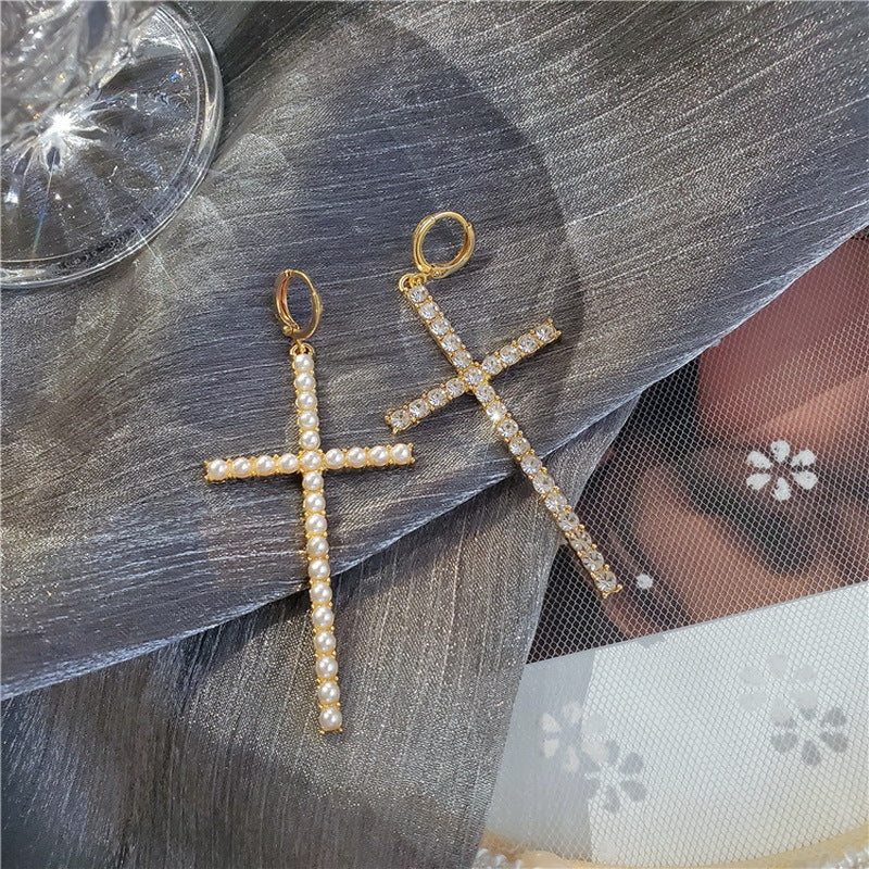 Elegant High-grade Cross Pearl Rhinestone Asymmetric Earrings