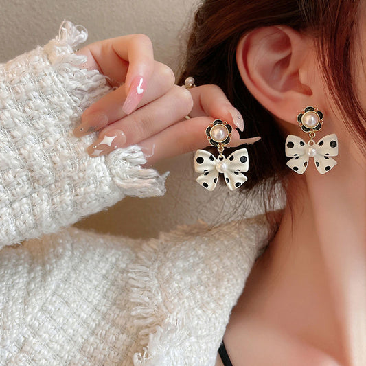 Pearl Bow Polka Dot Flower Design Retro Earrings