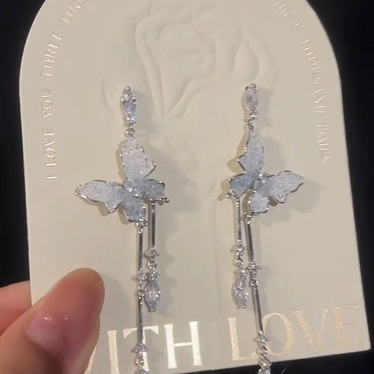 Fairy Gradient Butterfly Rhinestone Tassel Niche Design Unique Stud Earrings