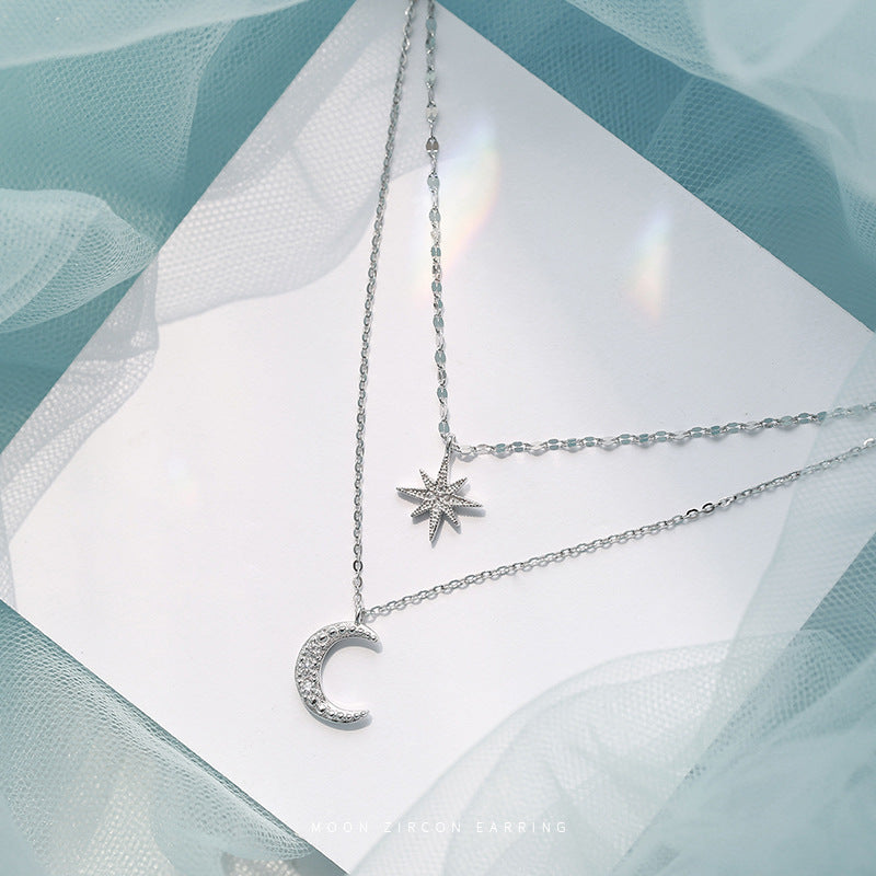 Style Sier Rhinestone Asterism Moon Niche Female Clavicle Chain Design Necklaces