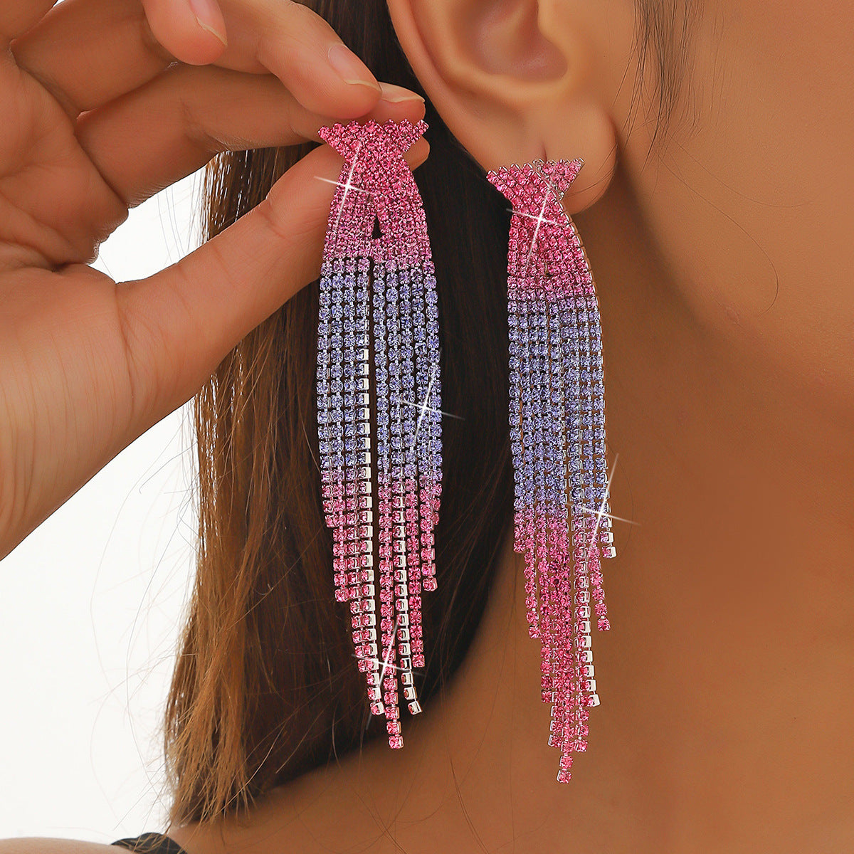 Semicircle Blue Tassel Rhinestone Long Ear Earrings