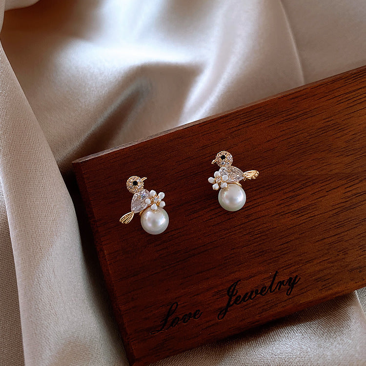 Sier-plated Bird Imitation Pearl Zircon Petite Trendy Niche Personalized Earrings