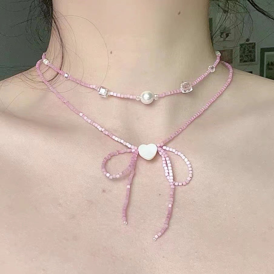 Women's Atmosphere Design Beaded Bow Love For Versatile Korean Style Cute Necklace