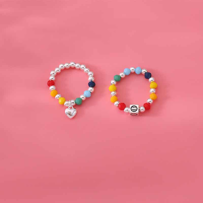 Colorful Beaded Female Rainbow Smiley Face Love Heart Simplicity Index Ring