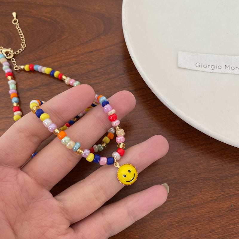 Style Rainbow Color Beads Stringed Smiley Necklaces