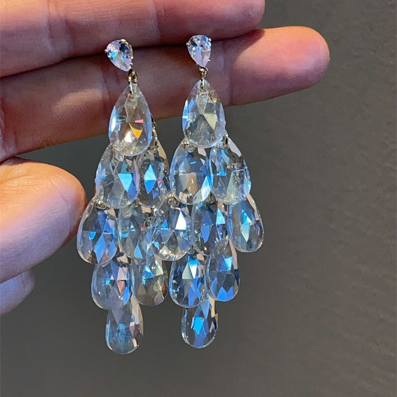 Water Drop White Crystal Dangle Fashion Stud Earrings