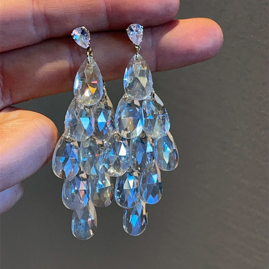 Water Drop White Crystal Dangle Fashion Stud Earrings
