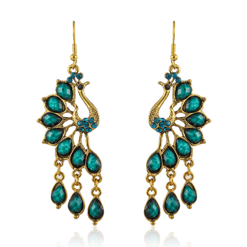 Retro Peacock Ethnic Style Hollow Personalized Dark Green Diamond Metal Earrings
