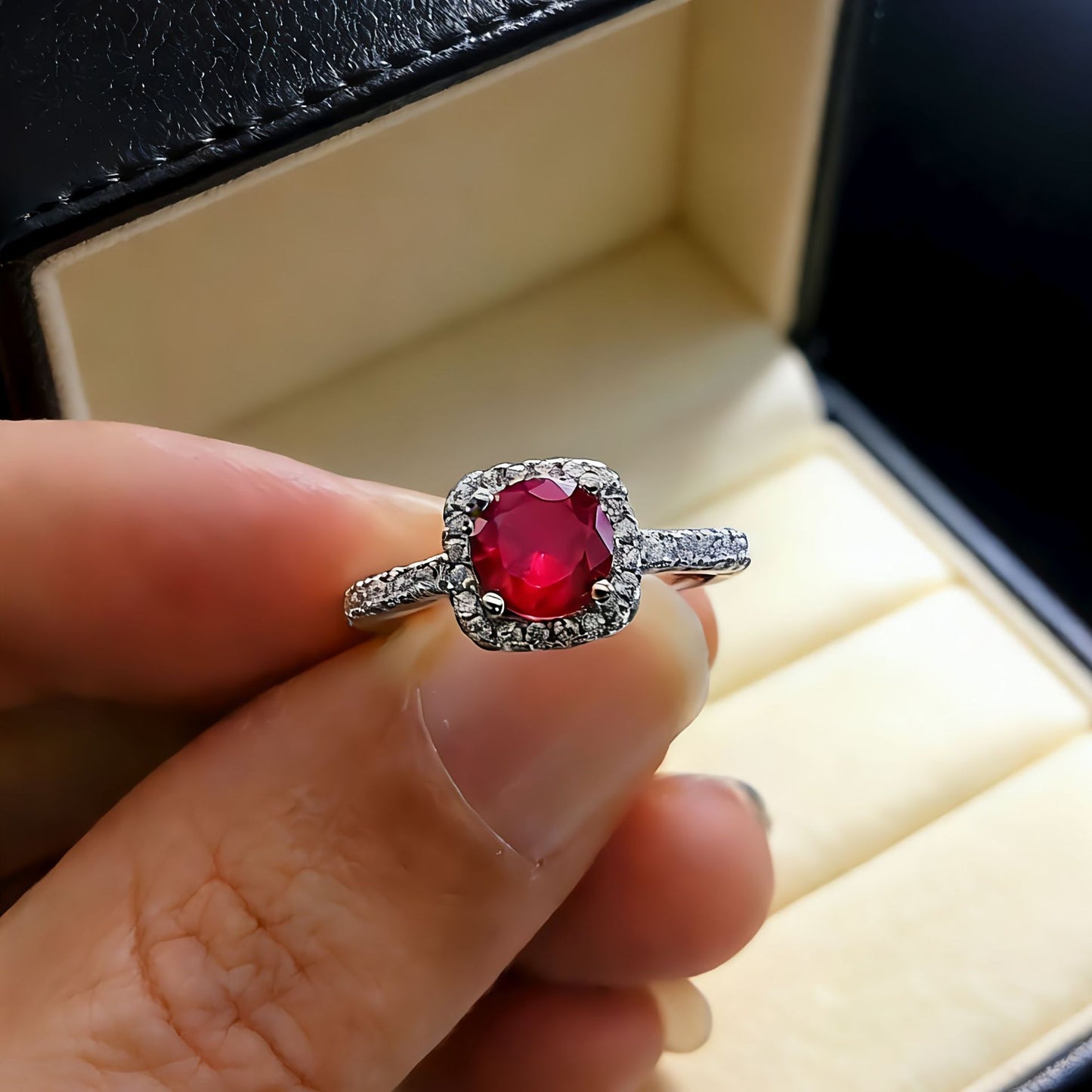 Karat Red Sapphire Princess Square Bag Full Diamond Ring