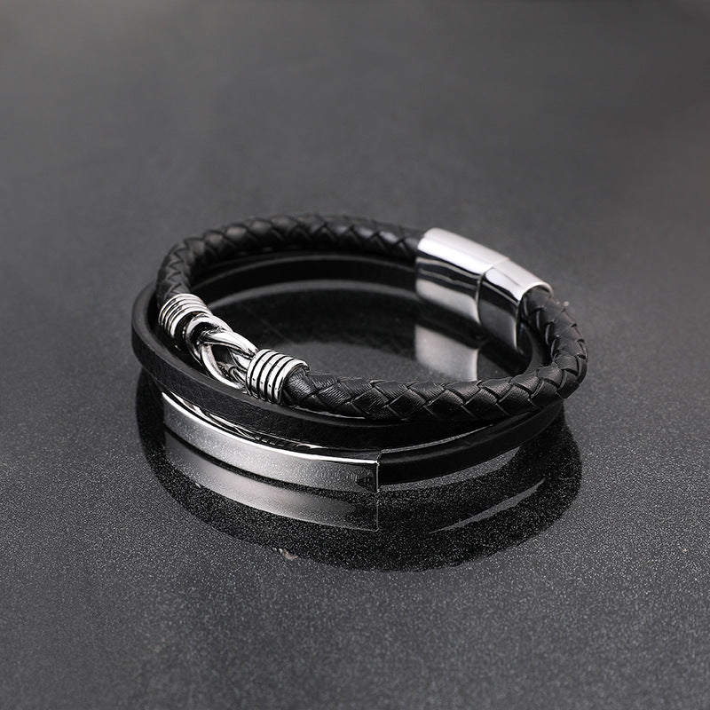 Fashion Stainless Steel Leather Korean Woven Bracelet