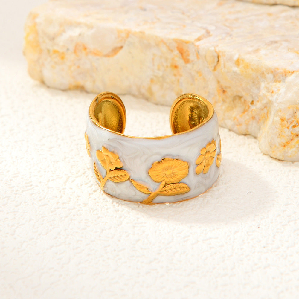 Titanium Steel Rose Oil Dripping Open Retro High-grade Flower Female Ring