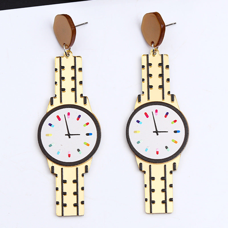 Women's Long Creative Color Mirror Watch Acrylic Earrings