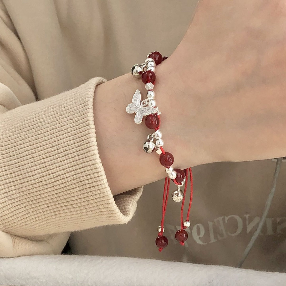 Red Agate Sier Butterfly Bell Female Rope Braid Good Luck Bracelet