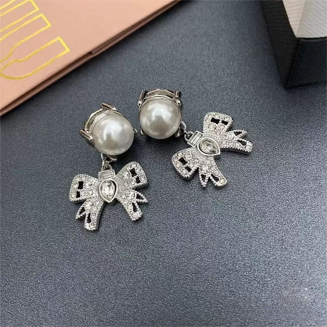 Bowknot Full Diamond Pearl Temperament Entry Earrings