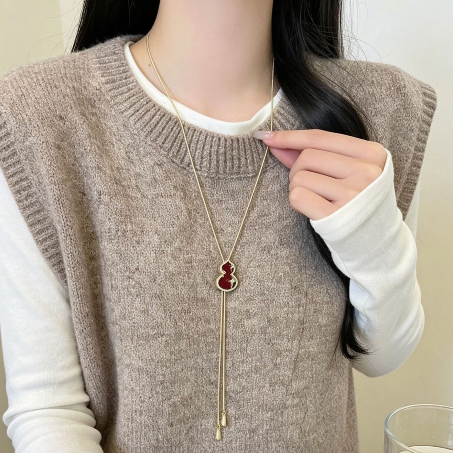 Women's Retro Pull Red Gourd Tassel High-grade Versatile Fashion Long Sweater Necklaces