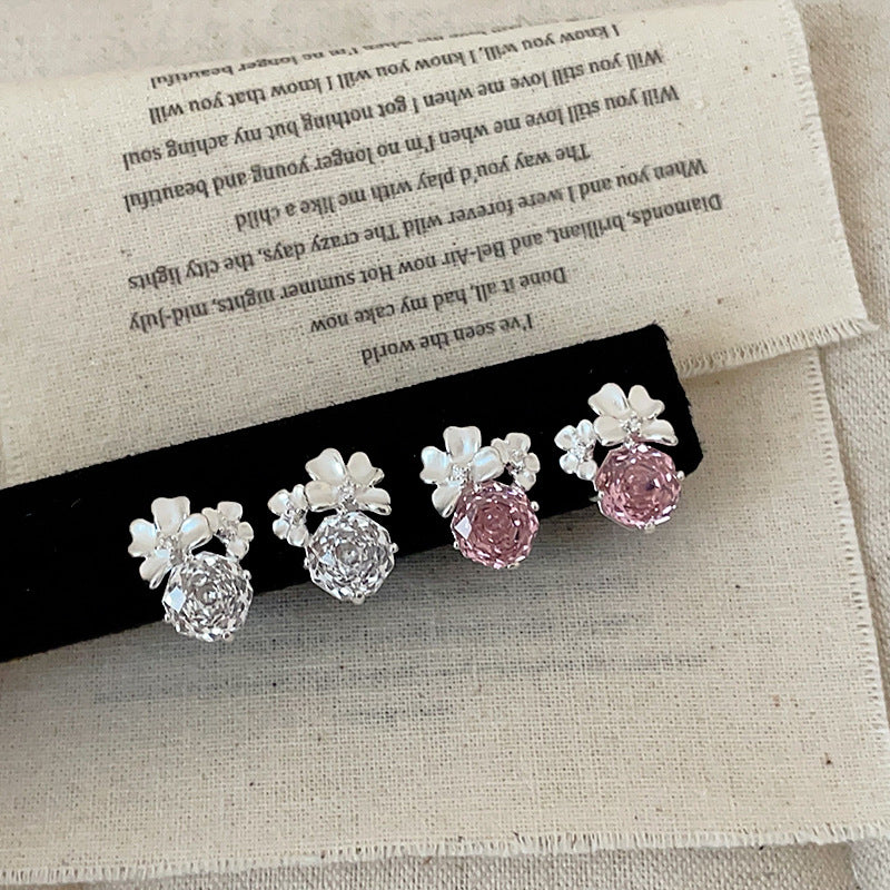 Women's Simple High-grade White Drop Oil Three-dimensional Petals Zircon Light Luxury Earrings