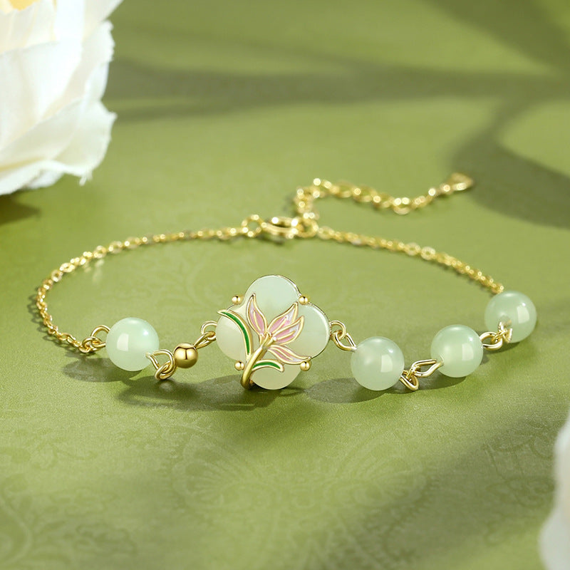 Women's Magnolia Clover Jade Sterling Sier National Style Chinese Summer Necklaces