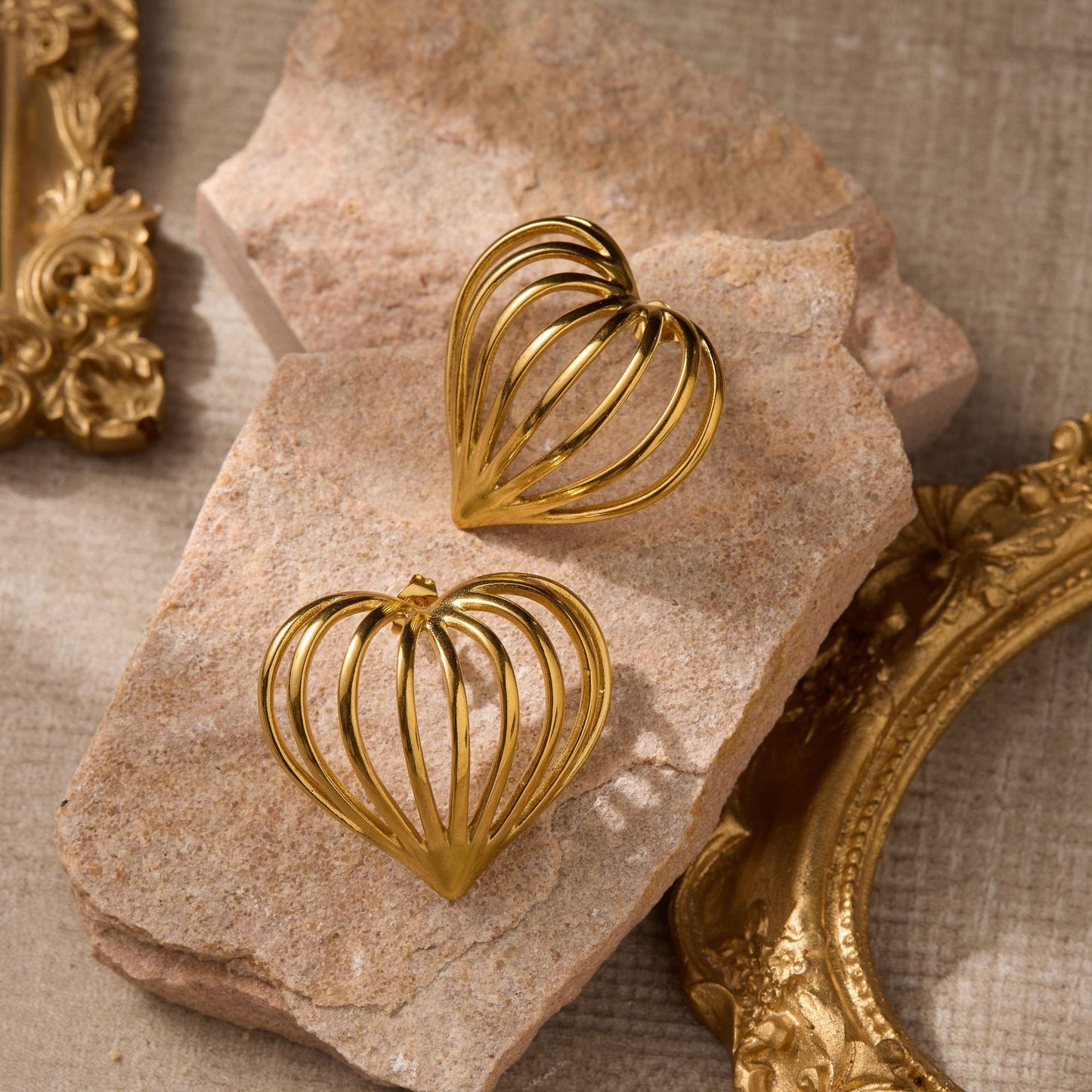 Gold Stainless Steel Heart Shape Hollow Stud Earrings