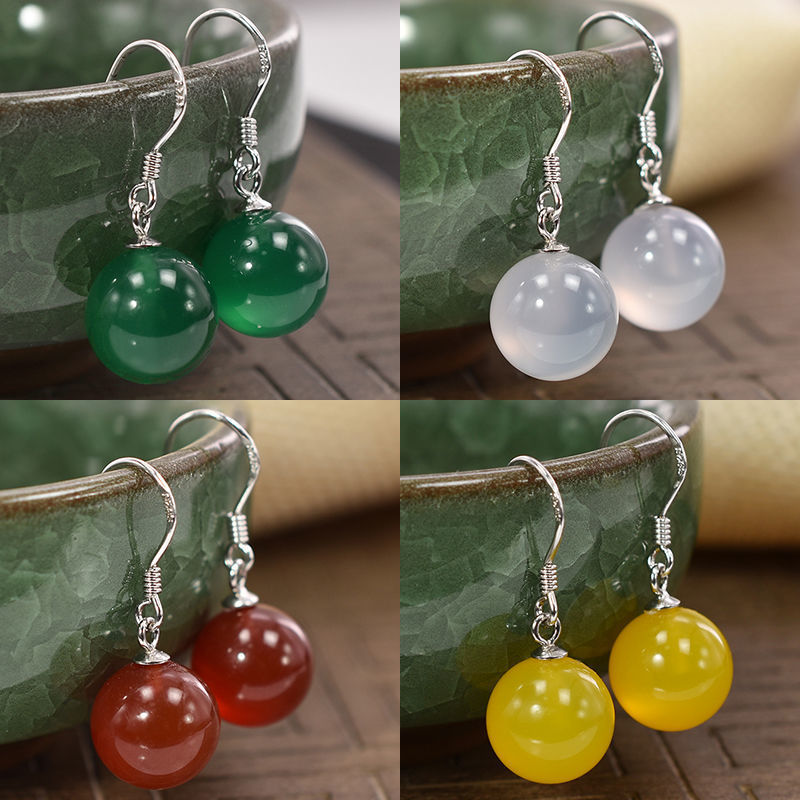 Women's Agate Sier Ear Hook Green Chalcedony Yellow Black Earrings