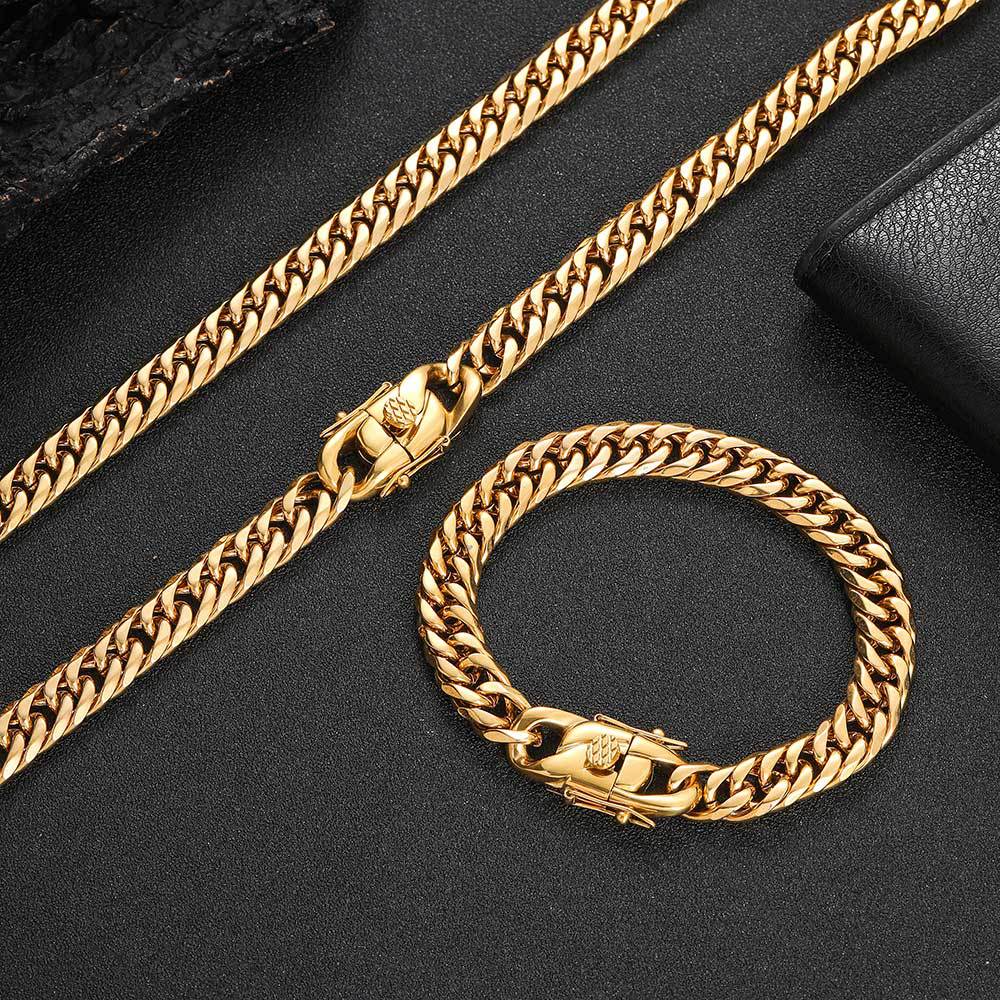 Dragon Head Buckle Stainless Steel Double Woven Cuban Real Gold Jewelry Set