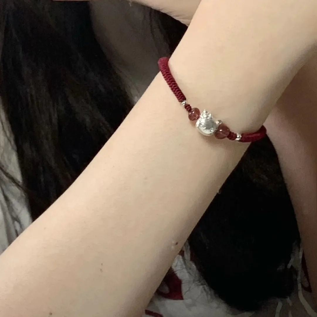 Hello Kitty Obsidian Strawberry Couple Woven Hand Bracelet