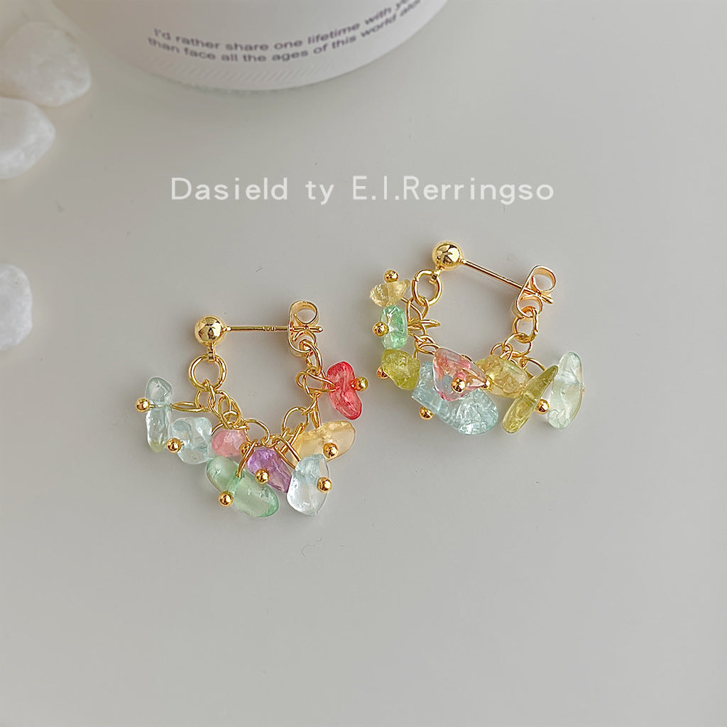 Fresh Glass Crystal Sier-plated Pin Handmade Design Stud Earrings