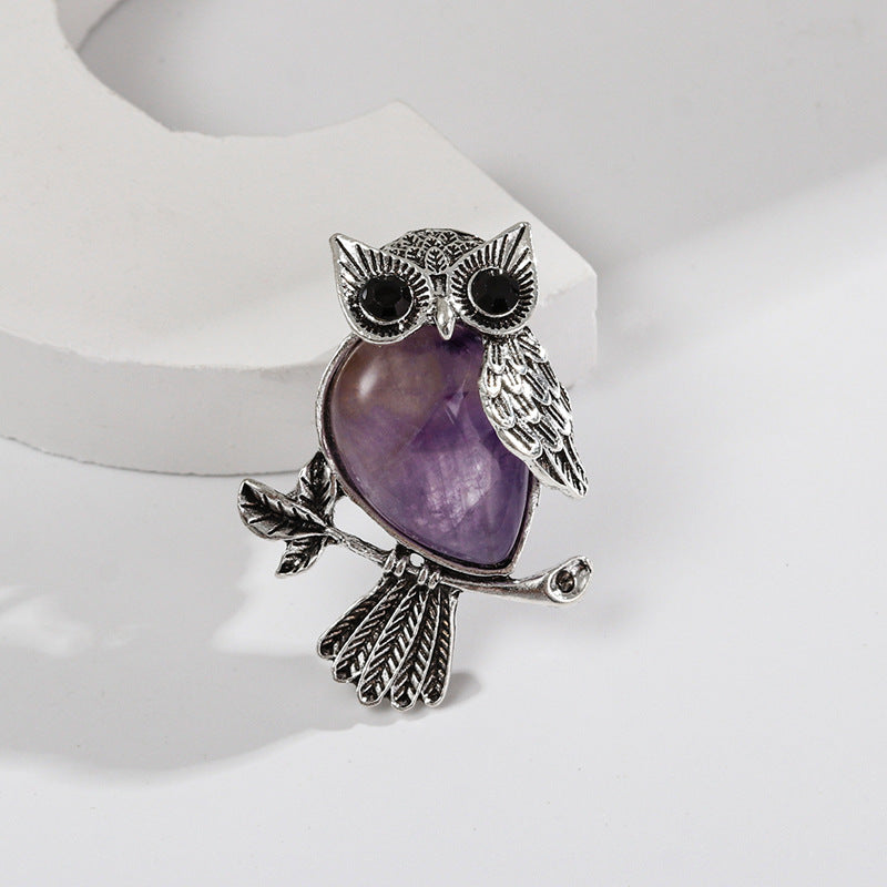 Natural Stone Crystal Owl Brooch Cute Brooches