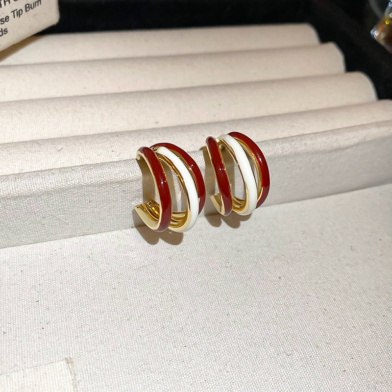 Women's Sier Needle Red Geometric Ear Korean Earrings