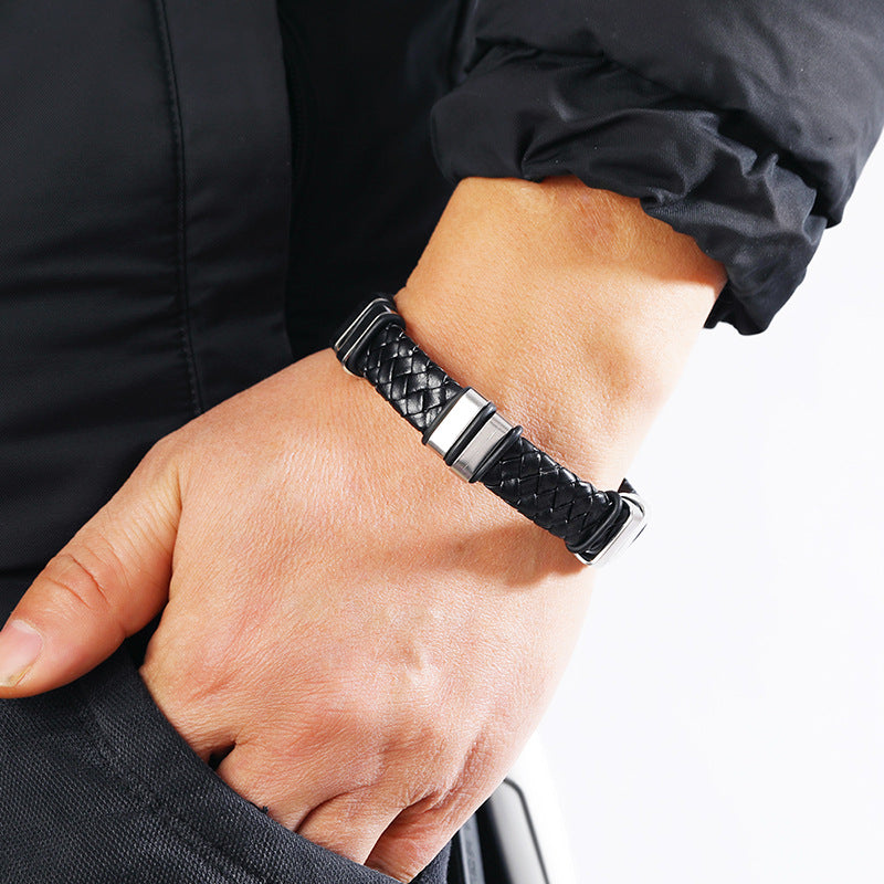 Men's Simple Woven Stainless Steel Leather Fashion Bracelet