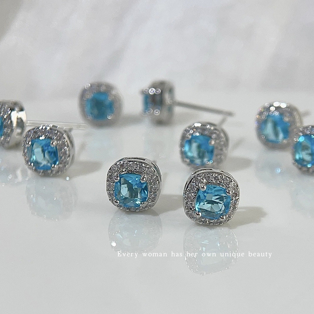 Micro Inlaid Zircon Simple Navy Blue Square Geometric Sier Earrings