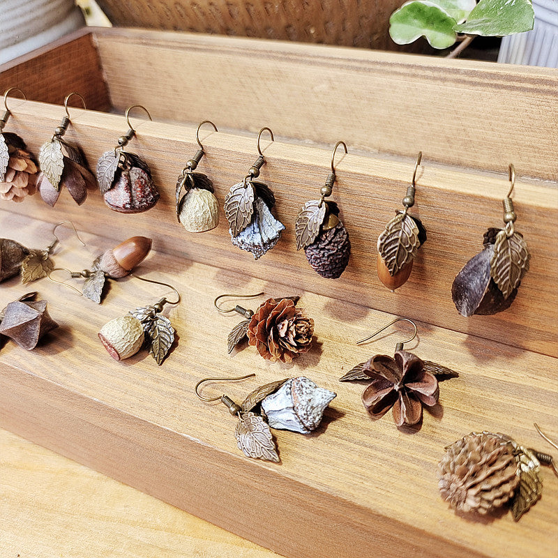 Style Flower Leaf Fruit Creative Long Wooden Natural Earrings