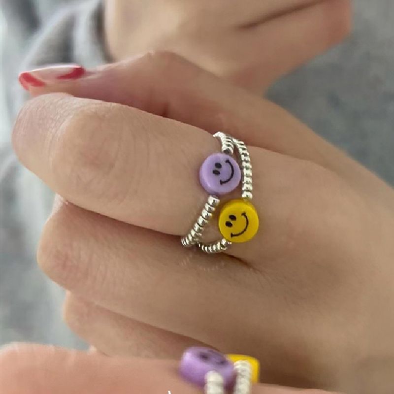 Women's Colorful Smiley Elastic Simple Beaded Index Rings