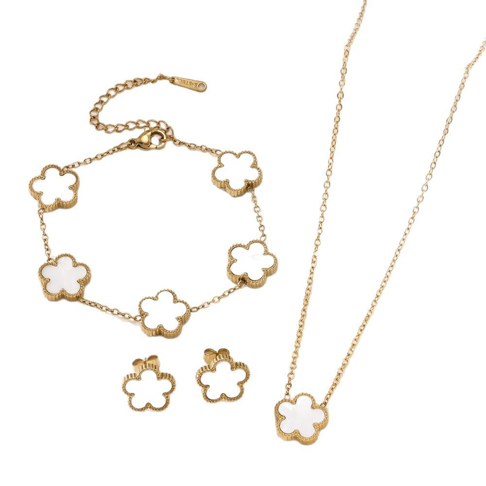Women's Fashion Stainless Steel Five-leaf Flower Double-sided Jewelry Set