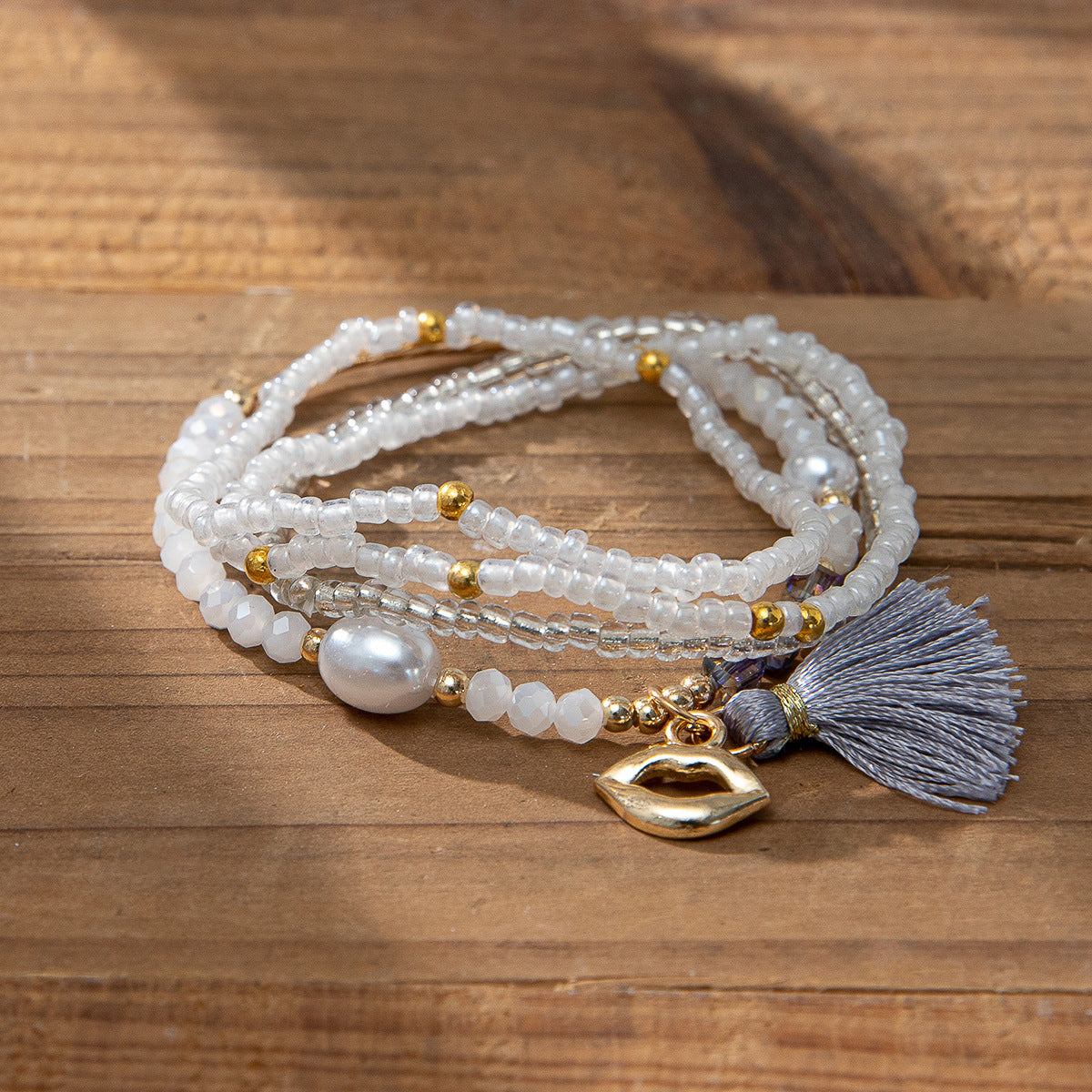 Women's Bohemian Vacation Style Twin Design Sense Glass Beads Stretch Bracelet
