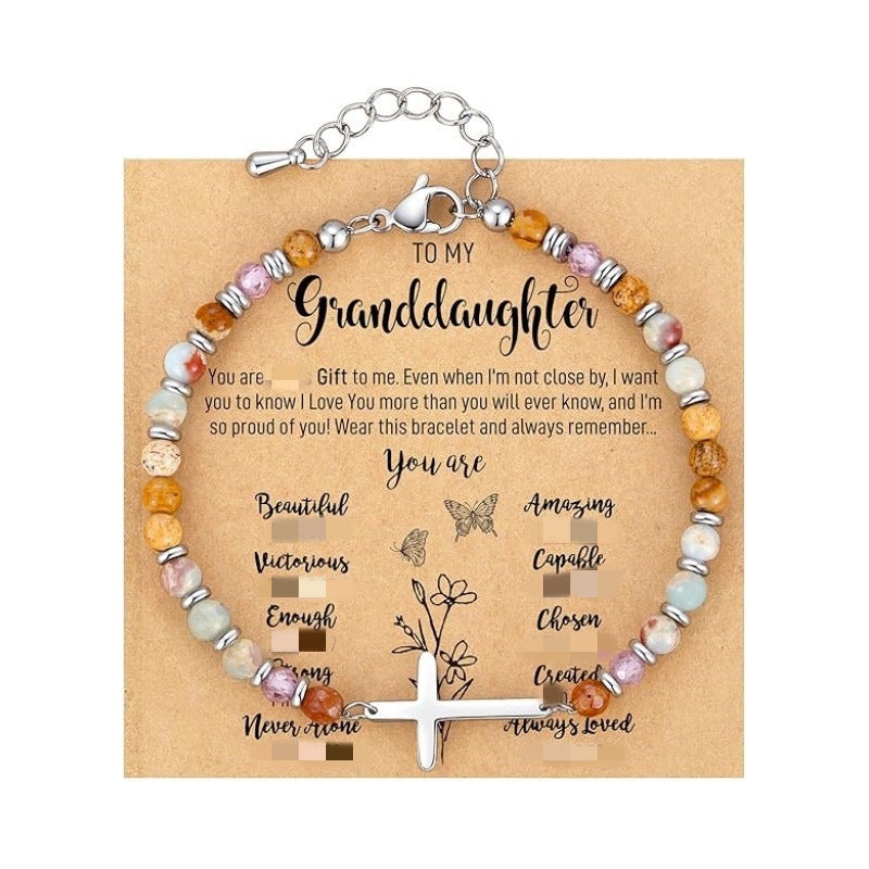 Women's Natural Stone Beaded Cross Lobster Buckle Adjustable Band Bracelet