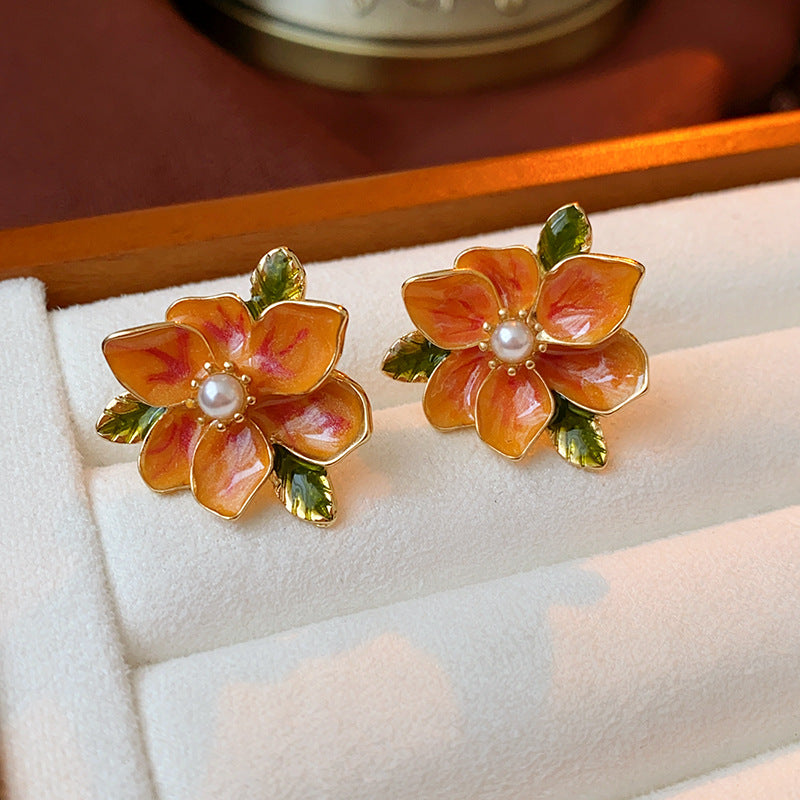 Sier Needle Drop Oil Flower Pearl French Artistic Retro Rings