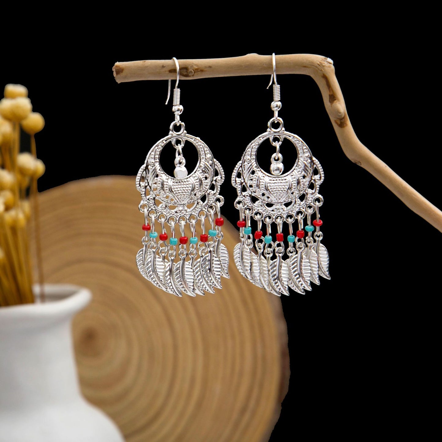 Miao Sier Colorful Long Feather Tassel Rings