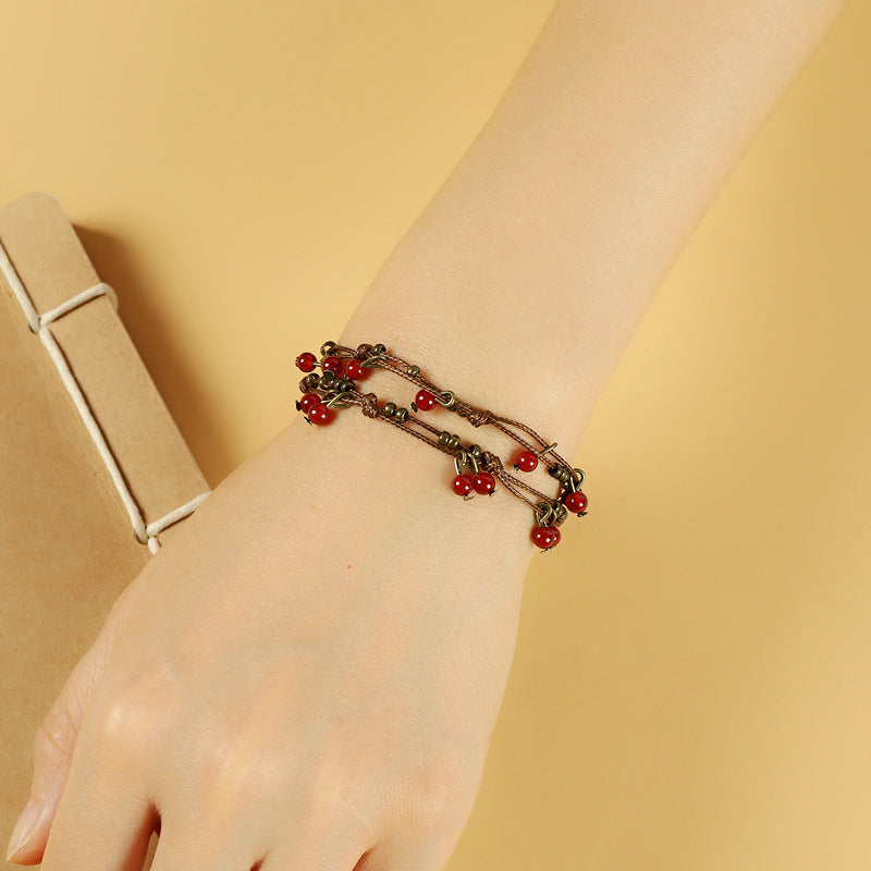 Braided Rope Retro Mori Style Cherry Female Artistic Ethnic Bracelet