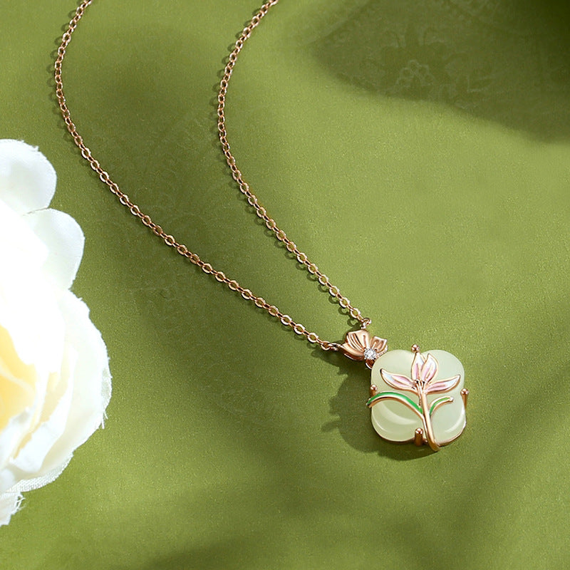 Women's Magnolia Clover Jade Sterling Sier National Style Chinese Summer Necklaces