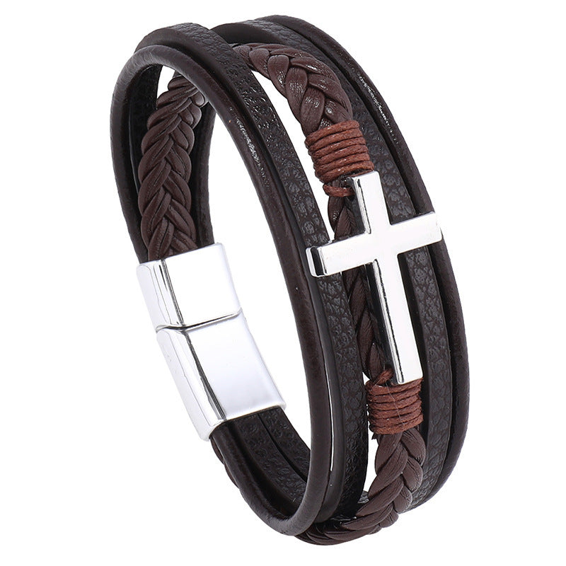 Handmade Woven Cross Decorative Leather Magnetic Bracelets