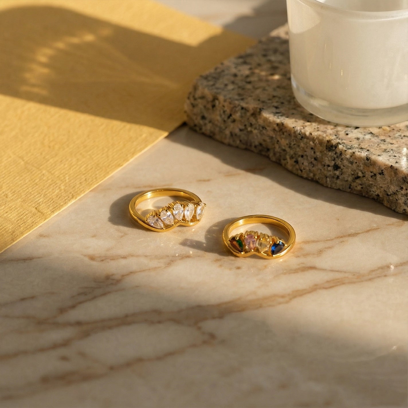 Inlaid Golden Asymmetric Colored Gems White Diamond Design Simple Ring