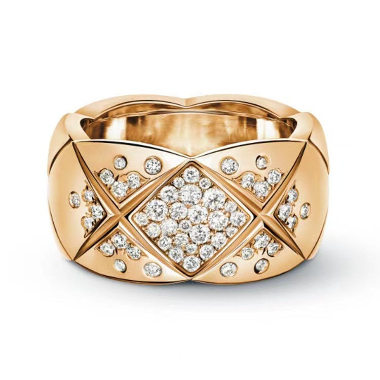 High Version Narrow Wide Gold-plated Diamond Grid Rings