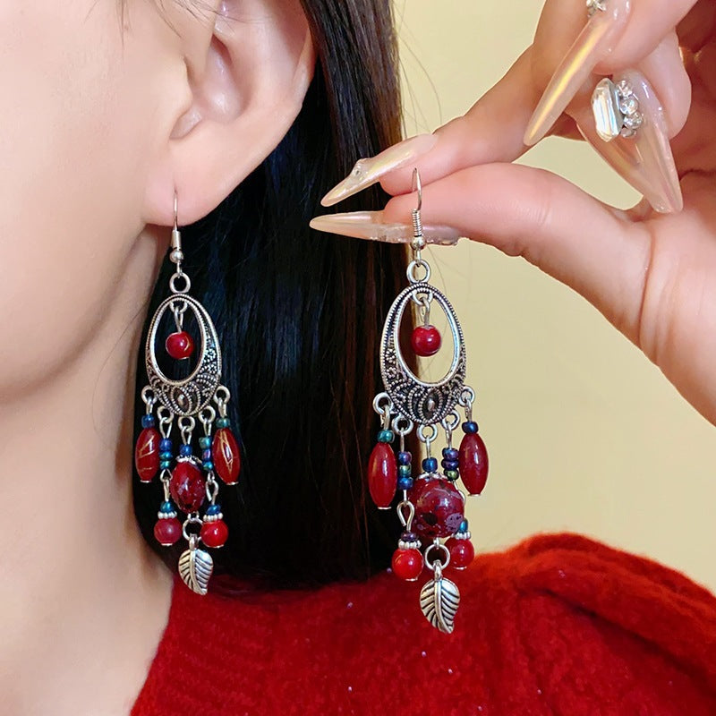 Women's Sier Needle Red Geometric Ear Korean Earrings