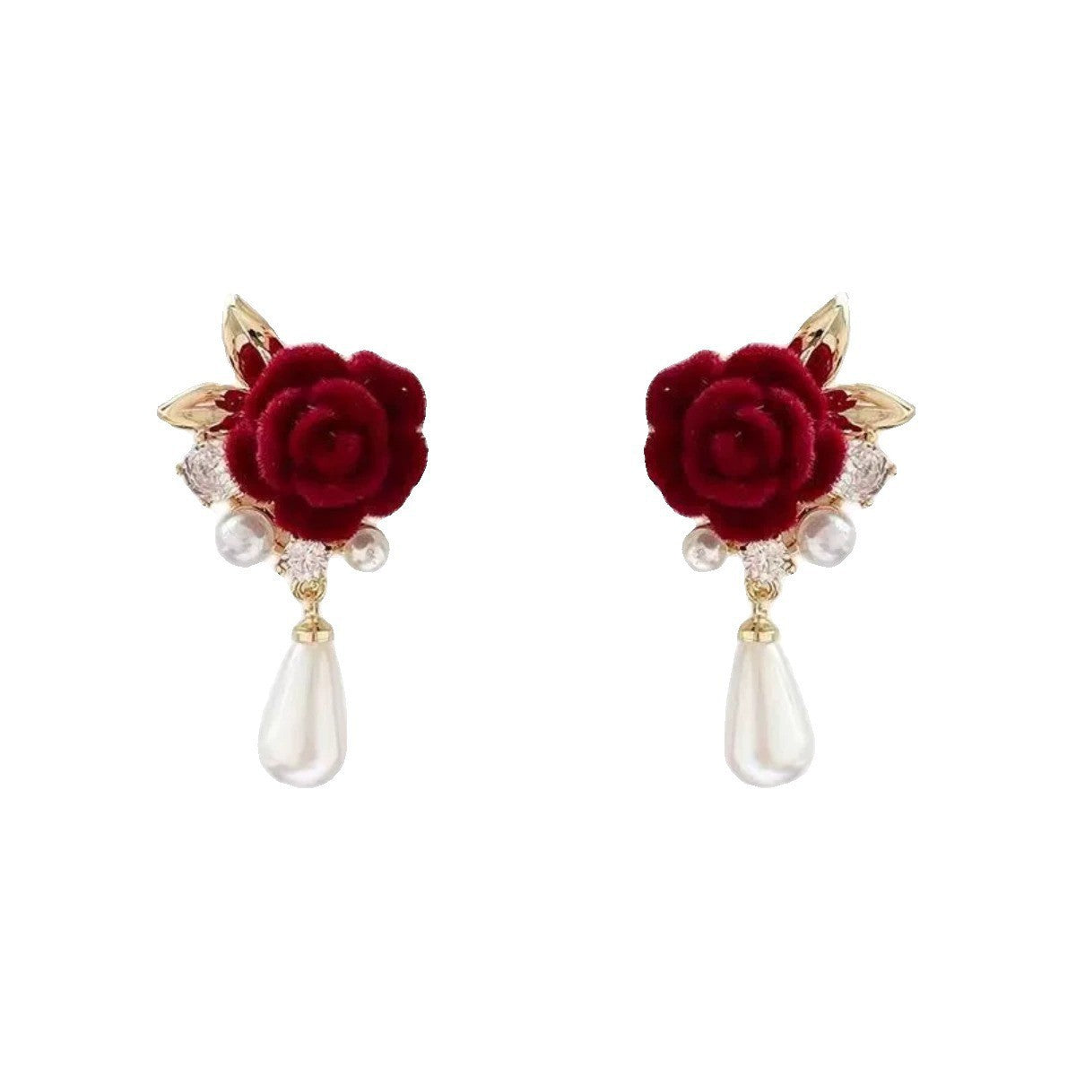 Retro Style Wine Red Black Veet Rose Pearl Elegant Stud Earrings