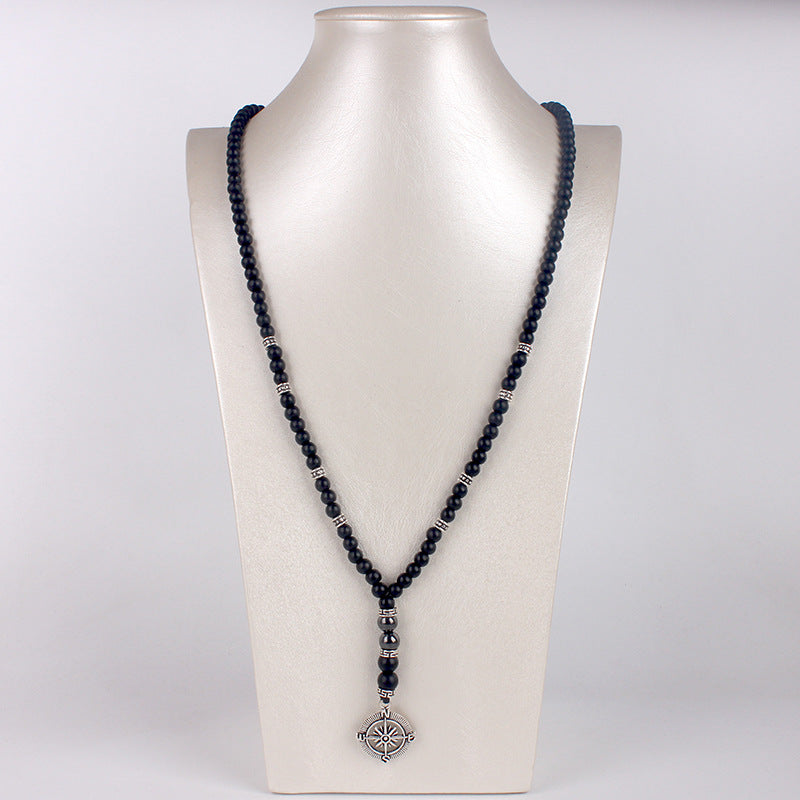 Imitation Matte Black Agate Alloy Compass Necklace