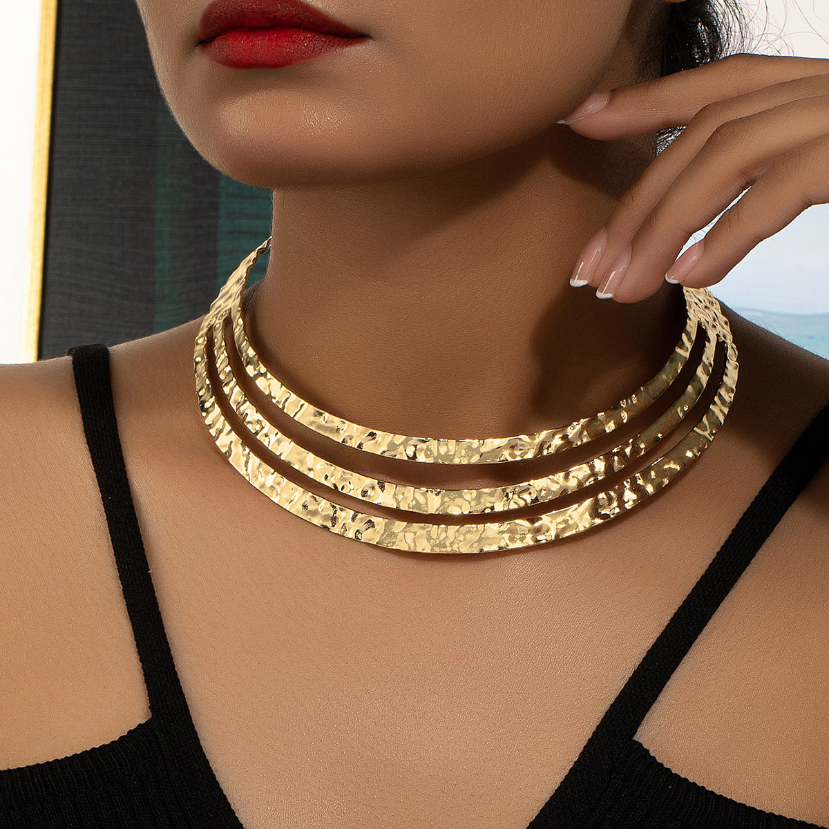 Women's Personalized Trendy Exaggerated Punk Alloy Inlaid Rhinestone Three-ring Retro Clavicle Collar