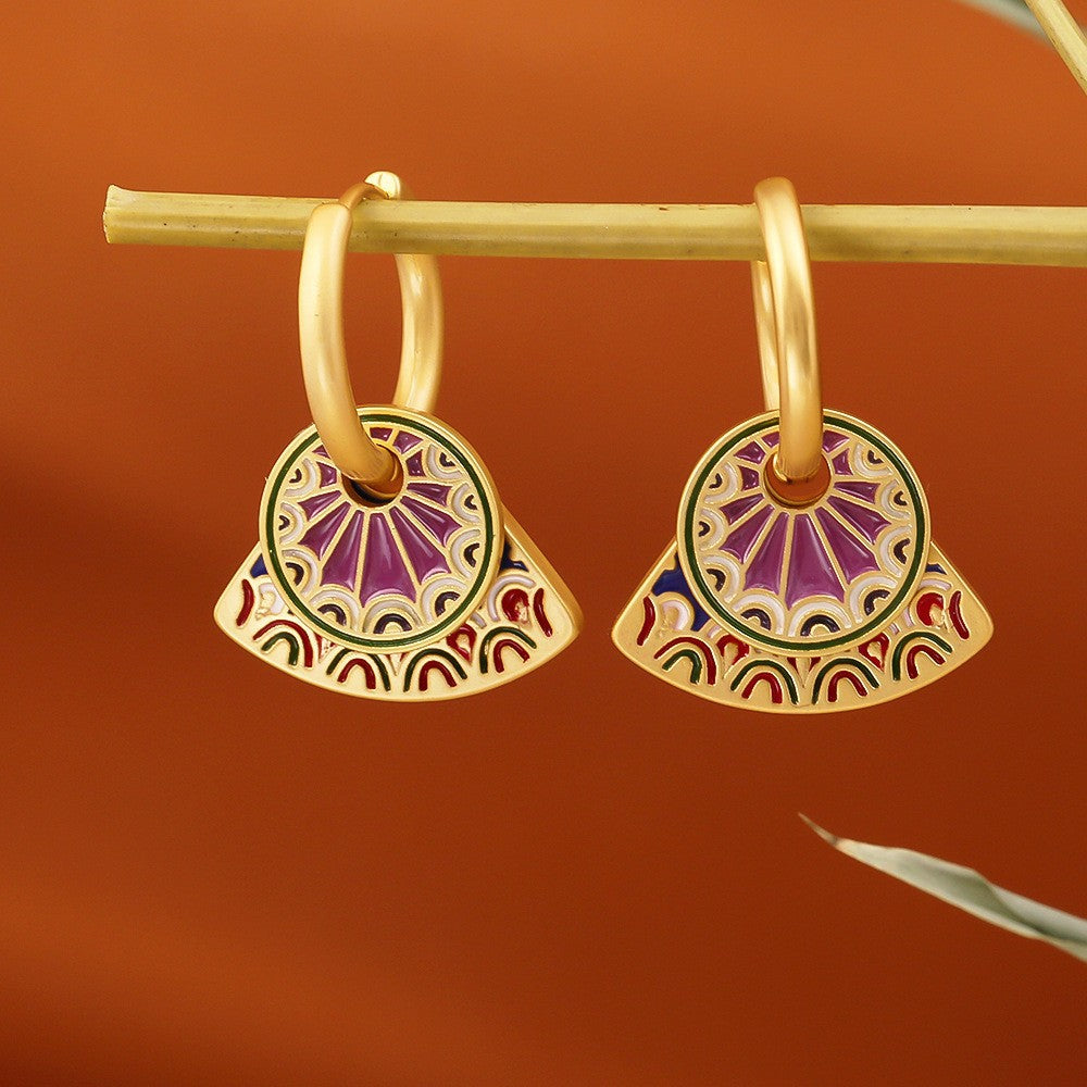 Glazed Fan-shaped Female Niche Advanced Design Multiple Ways Earrings