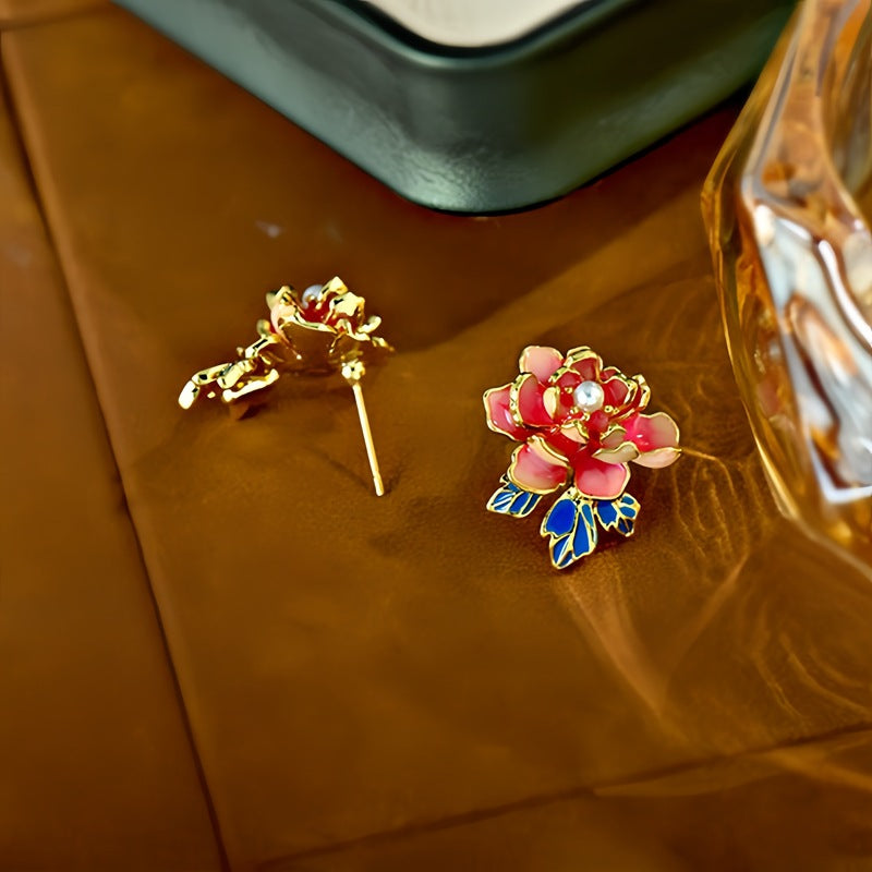 Peony Flower Light Luxury High Sense Glaze Earrings