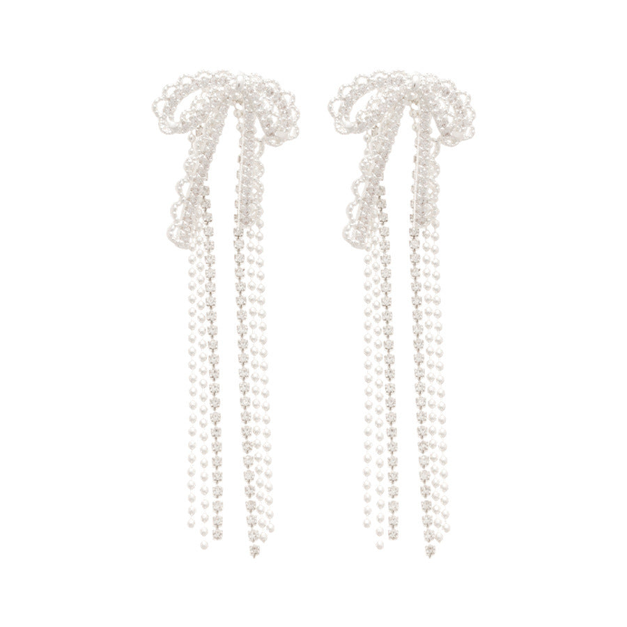 Women's Super Fairy Bow Tassel Long Rhinestone Light Luxury Niche Earrings